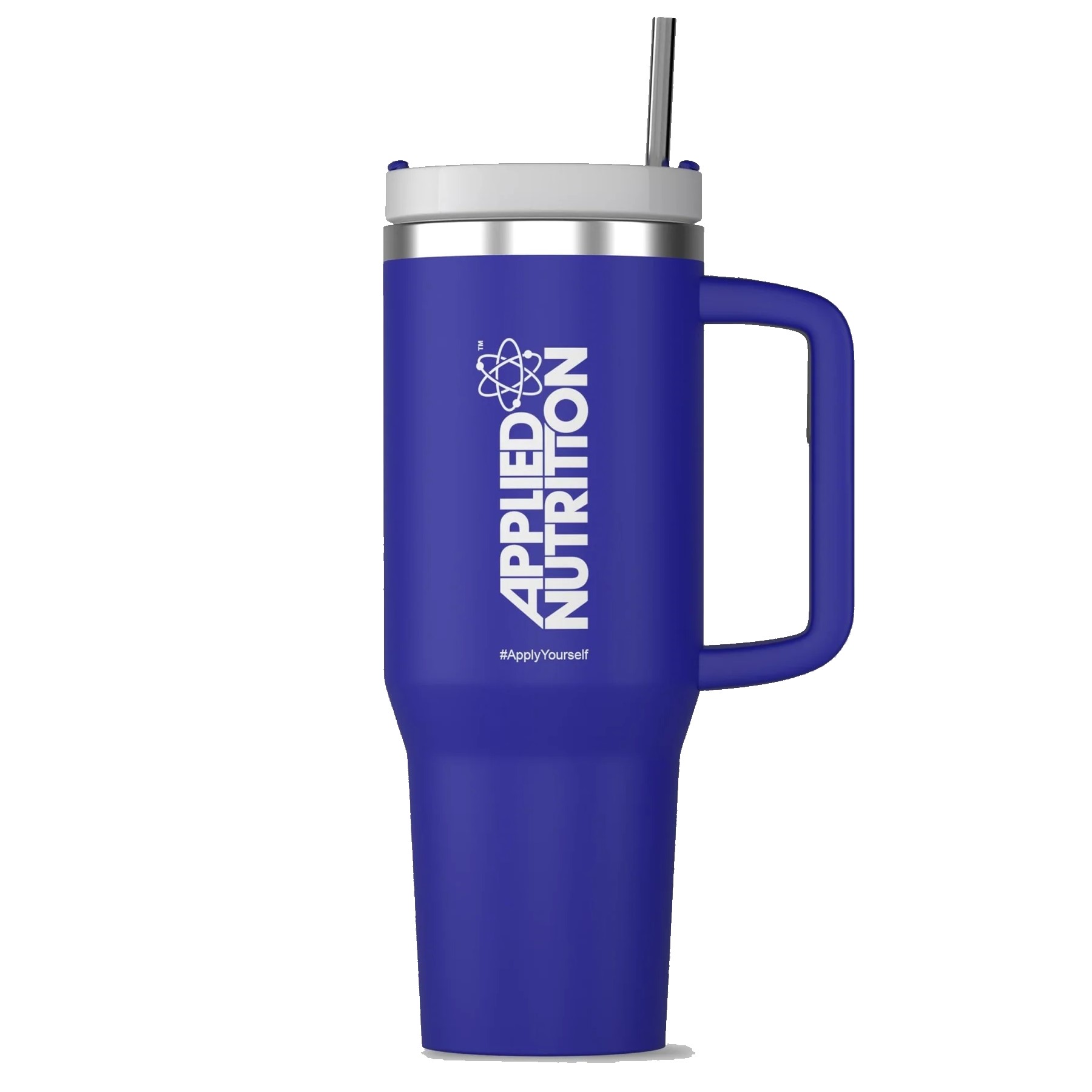 Applied Nutrition Cooler Tumbler Cup 1200ml, a large blue insulated drinking cup with handle and straw, branded for hydration and fitness use.