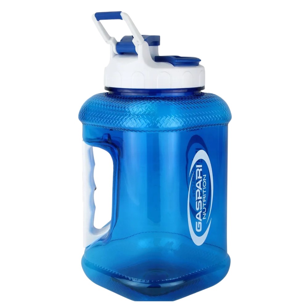 Gaspari Nutrition Water Jug Crater Cap 1890ml, a large blue plastic water jug with a white and blue flip-top cap and ergonomic handle, ideal for hydration during workouts.