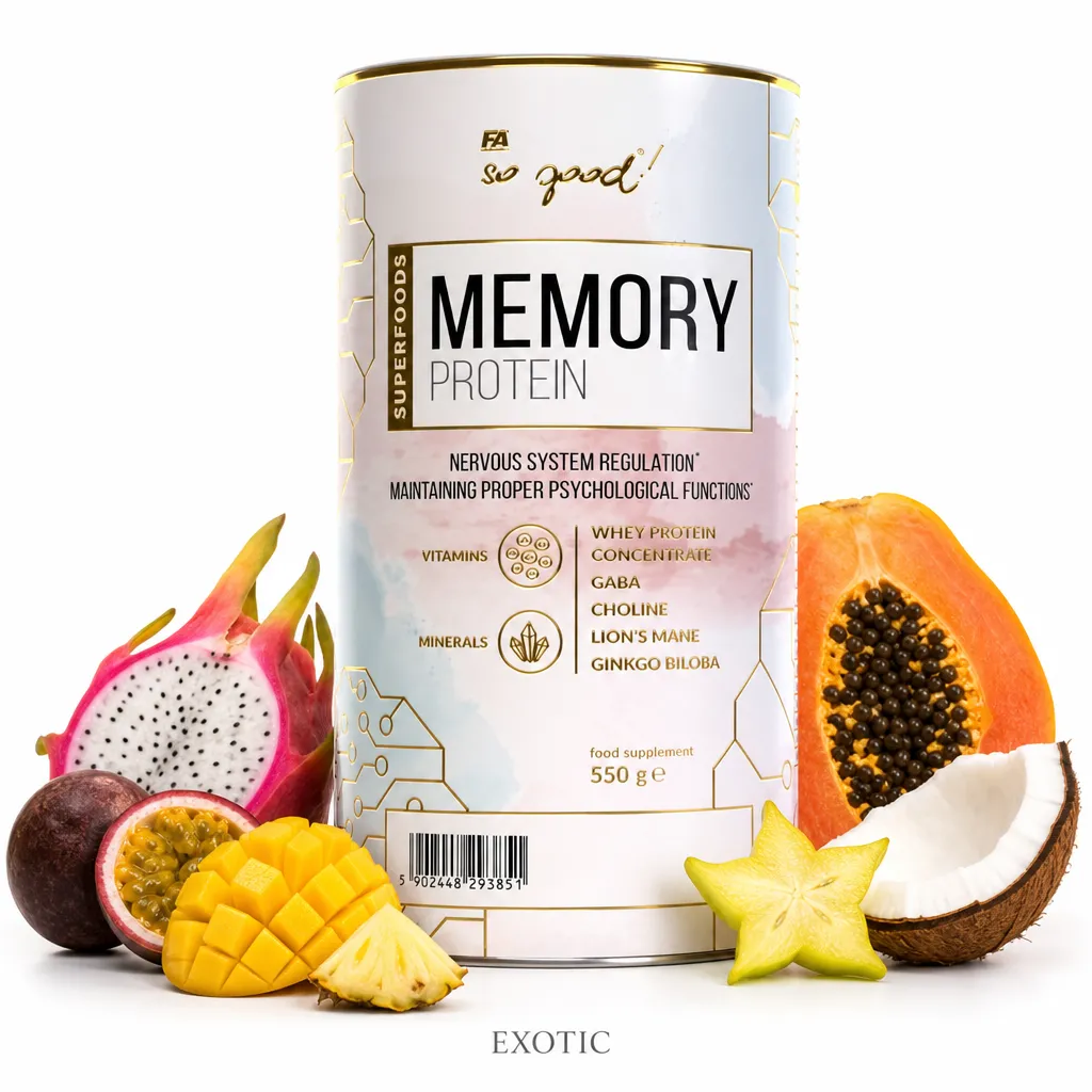 FA So Good! Memory Protein 550g Exotic flavour dietary supplement, featuring whey protein, nootropics, vitamins, and minerals, with tropical fruits like dragon fruit, mango, papaya, and coconut.