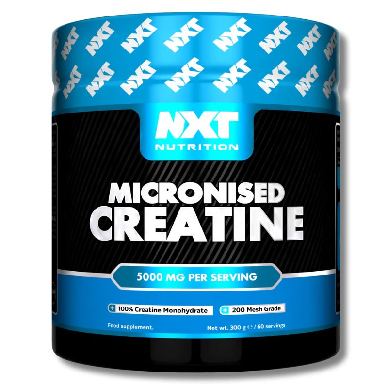 NXT Nutrition Micronised Creatine 300g tub, white container with blue and black label, supplement powder product