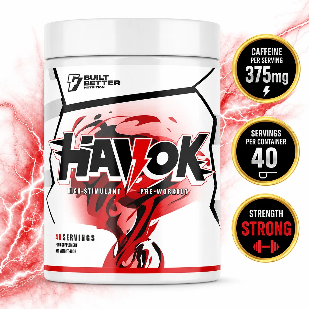 Built Better Nutrition BBN Havok high-stimulant pre-workout supplement, 40 servings in a white and red tub with 375mg caffeine