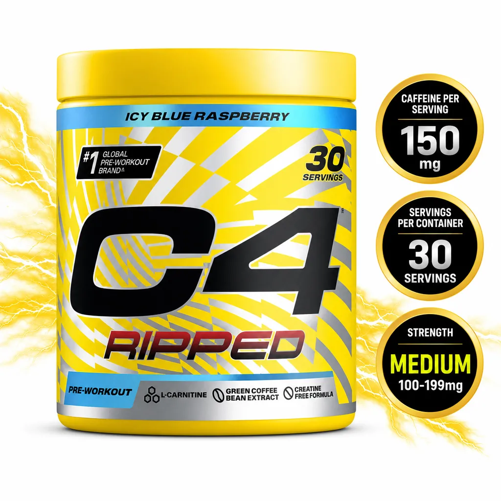 Cellucor C4 Ripped pre-workout supplement in Icy Blue Raspberry flavour, yellow tub with 30 servings and 150 mg caffeine per serving