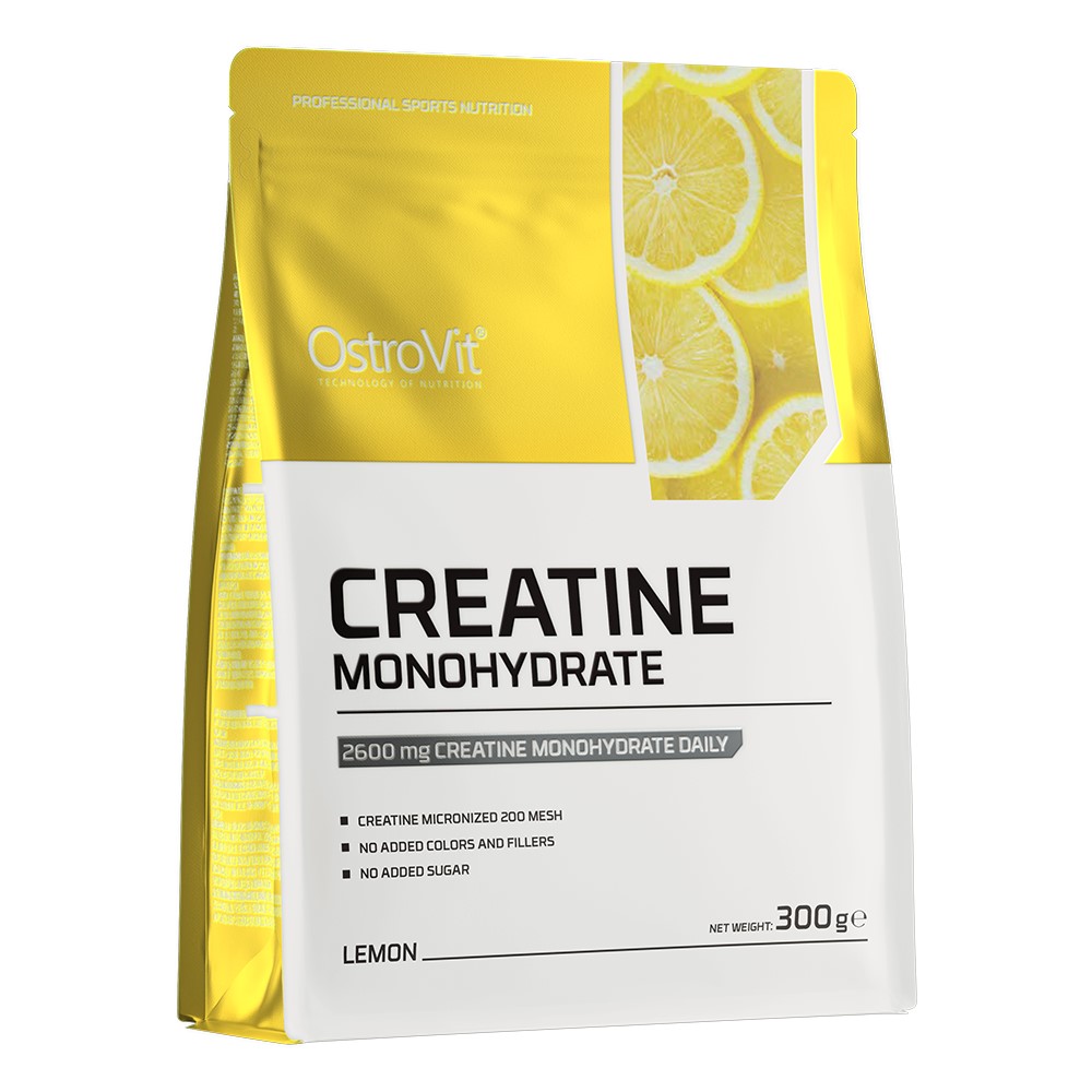 OstroVit Creatine Monohydrate 300g lemon flavour, a dietary supplement for sports nutrition with micronized creatine, no added sugar or fillers, in a yellow and white pouch.