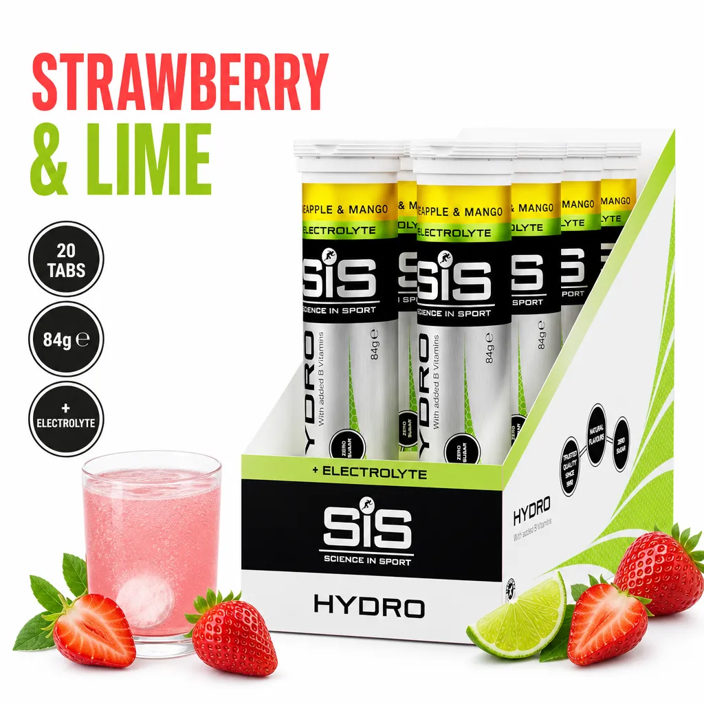 SiS GO Hydro Electrolyte Tabs, Strawberry & Lime flavour, 20 effervescent tablets in an 84g tube display box
