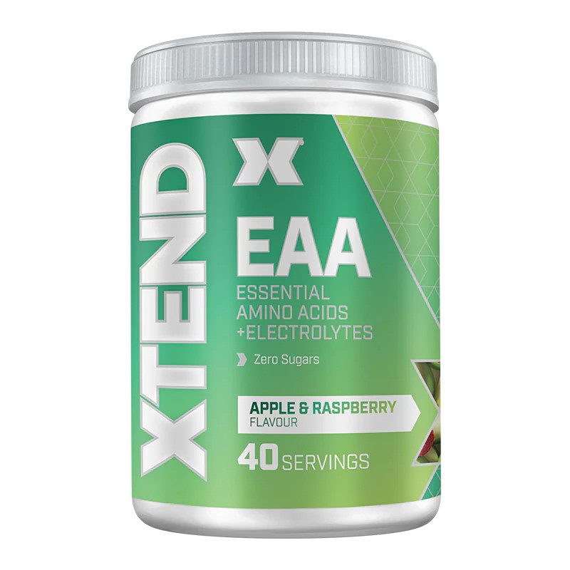 Xtend EAA Essential Amino Acids + Electrolytes supplement, apple & raspberry flavour, 40 servings, green and silver tub, zero sugars.