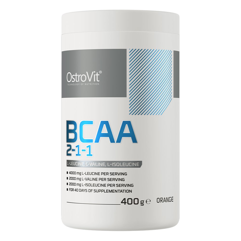 OstroVit BCAA 2-1-1 400g orange-flavour amino acid supplement with L-leucine, L-valine, and L-isoleucine, designed for muscle recovery and performance.