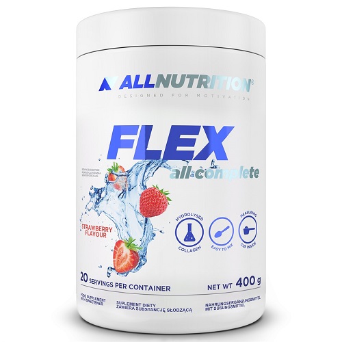 Allnutrition Flex All Complete 400g strawberry flavour hydrolysed collagen supplement with 20 servings per container, white and blue label.