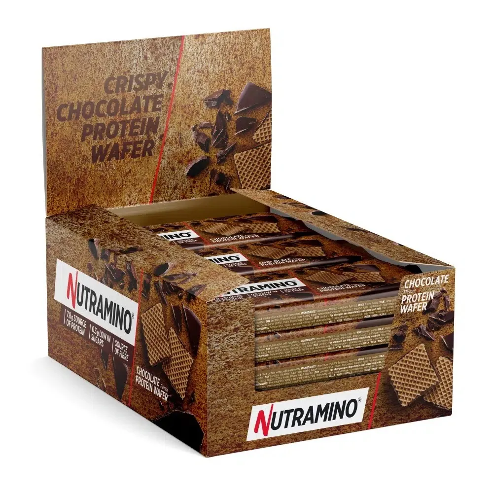 Nutramino Chocolate Protein Wafer, a crispy chocolate-flavoured protein snack bar, displayed in a brown retail box with visible wafers and chocolate pieces.