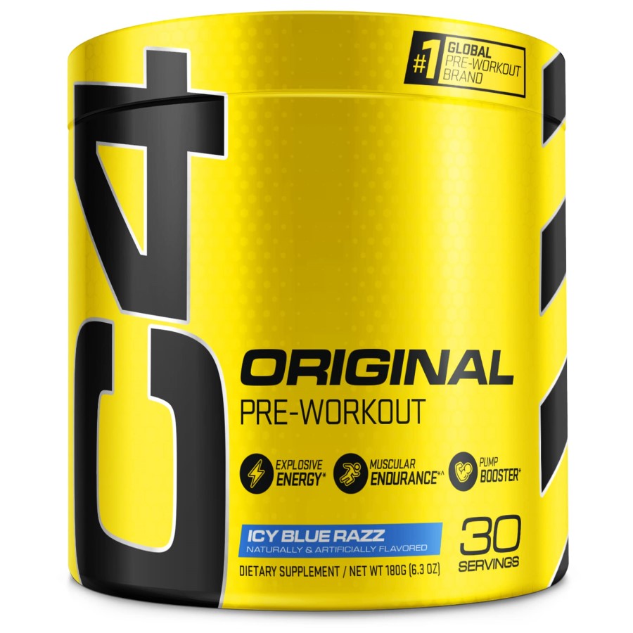 Cellucor C4 Original Pre-Workout Icy Blue Razz, a dietary supplement for energy, endurance, and pump support, 30 servings in a bright yellow container.