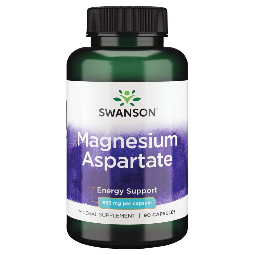 Swanson Magnesium Aspartate 685mg mineral supplement in a bottle containing 90 capsules, designed for energy support.