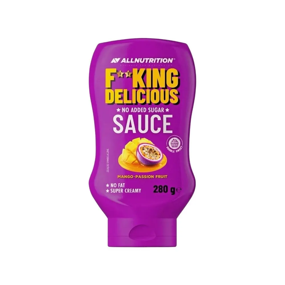 Allnutrition Fitking Delicious Sauce, 280 g mango and passion fruit fruit sauce with no added sugar in a purple squeeze bottle.