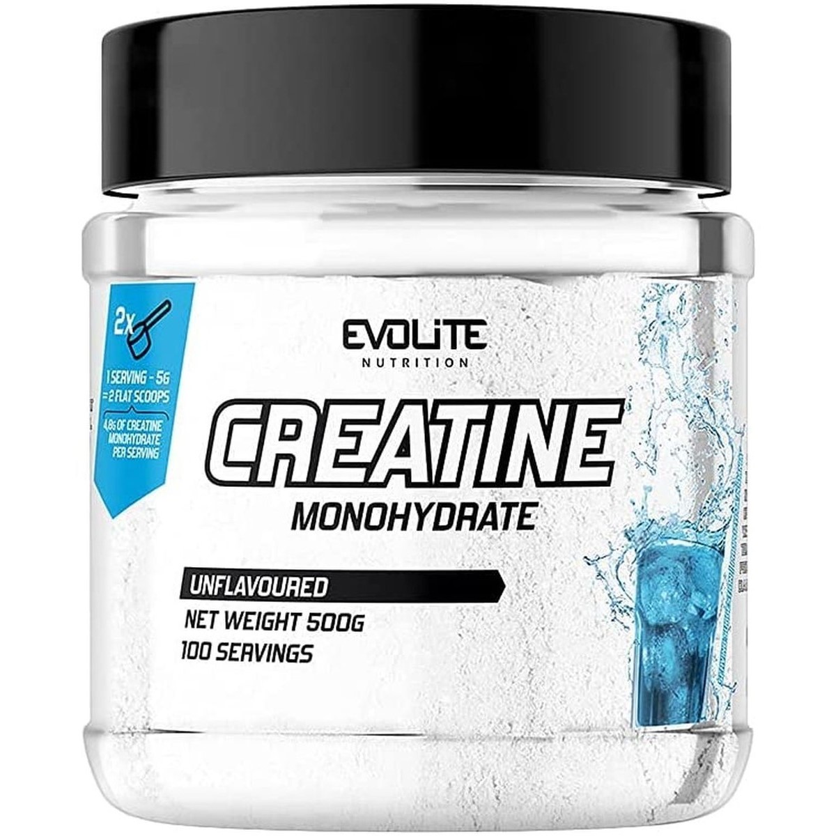 Evolite Creatine Monohydrate 500g Unflavoured tub, white container with blue and grey Evolite Nutrition branding