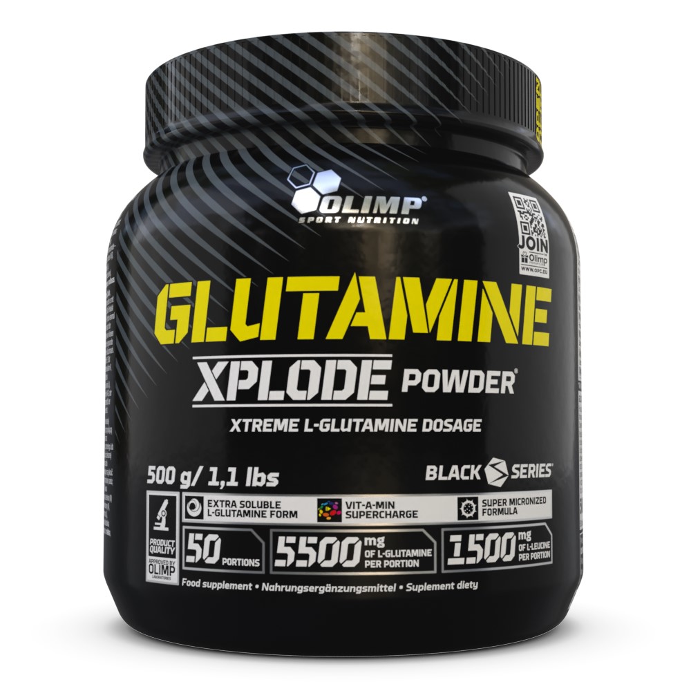 Olimp Glutamine Xplode 500g by Olimp Nutrition, a black plastic tub with bold yellow and white label accents