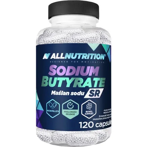 Allnutrition Sodium Butyrate SR 120 capsules dietary supplement for bowel support, featuring micro pellets and prolonged release, in a white and blue bottle.