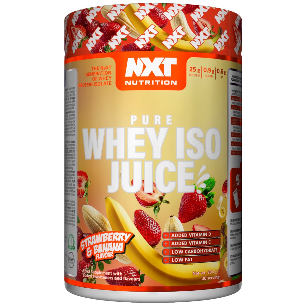 NXT Nutrition Pure Whey ISO Juice 900g strawberry and banana flavour whey protein isolate supplement with added vitamins, low sugar, and low fat.