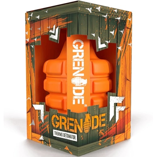 Grenade Thermo Detonator fat burner supplement in an orange grenade-shaped container, visible through a rugged green and orange box design.
