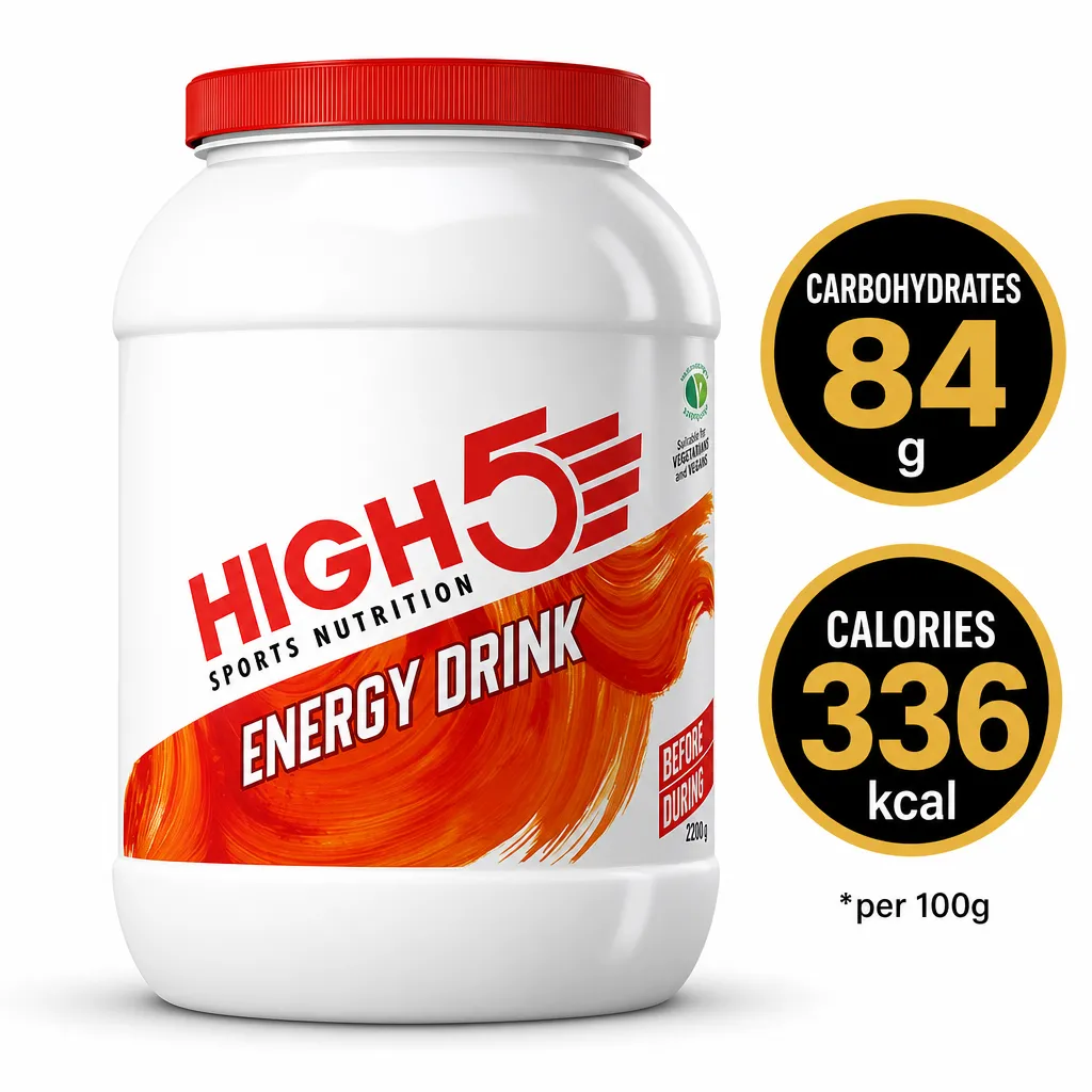 High5 Sports Nutrition Energy Drink 2200g carbohydrate sports drink powder in a large white tub with red lid and orange label