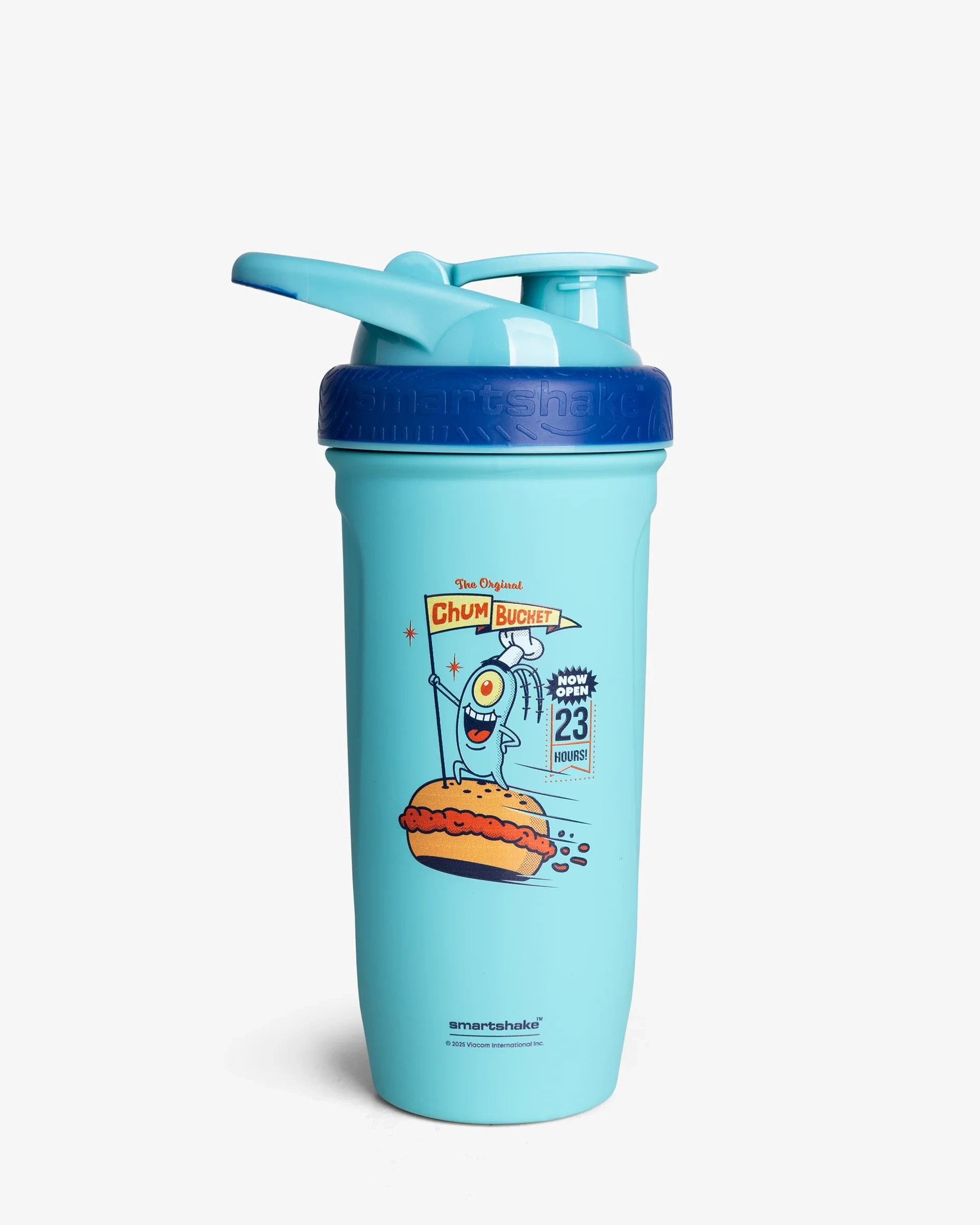 SmartShake Reforce SpongeBob Squarepants Chum Bucket 900ml stainless steel shaker bottle in aqua with a navy lid ring and Plankton graphic.
