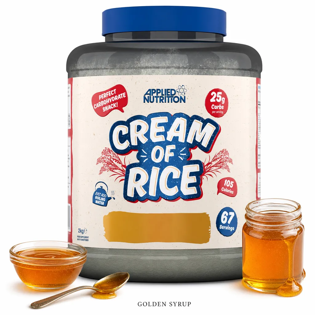 Applied Nutrition Cream Of Rice 2000g Golden Syrup flavour carbohydrate supplement, vegan-friendly, gluten-free, low sugar and fat, in a large tub with syrup jars.
