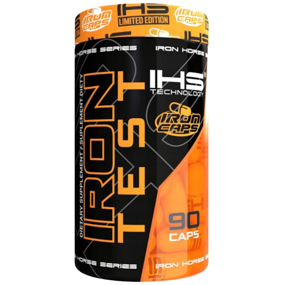 Iron Horse Iron Test 90 Caps testosterone support dietary supplement in a black and orange bottle, limited edition, with visible orange capsules inside.