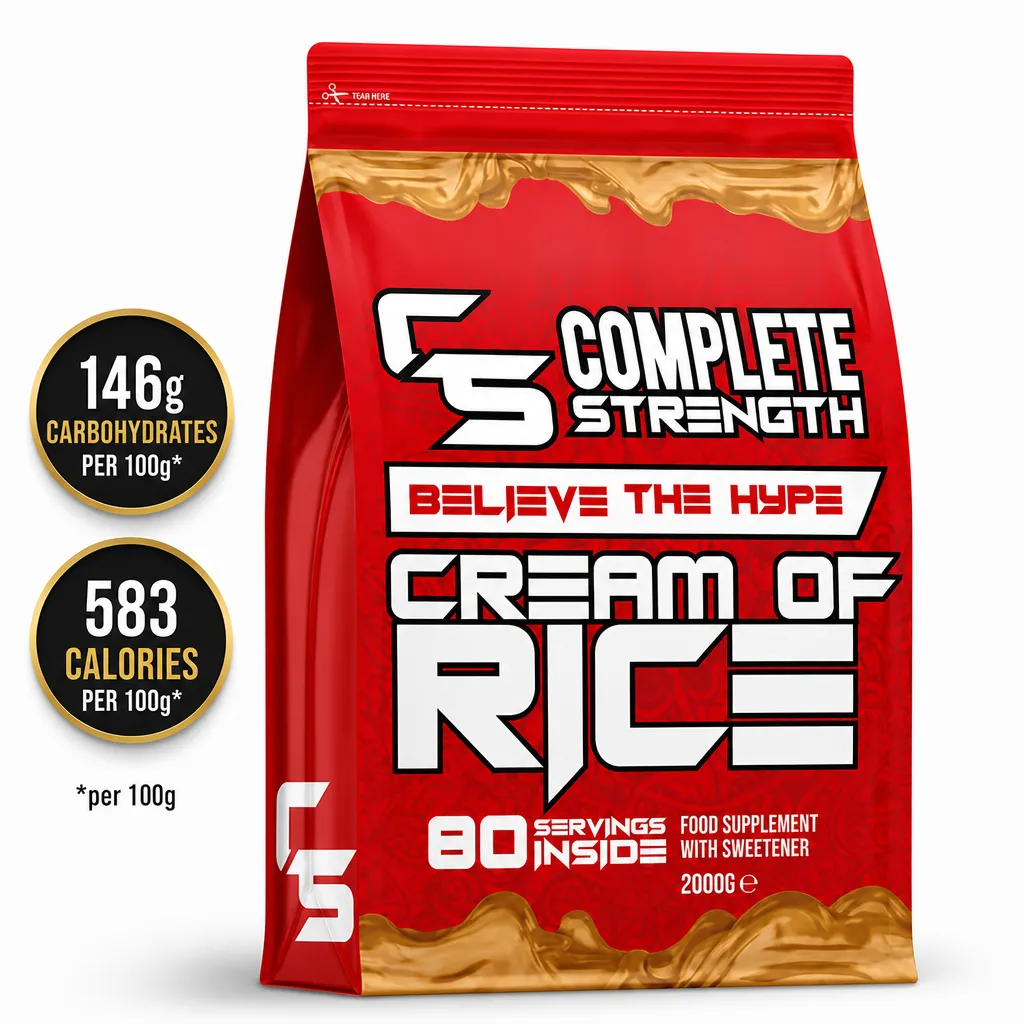 Complete Strength Cream of Rice carbohydrate supplement, 80 servings and 2000g, in a red resealable pouch