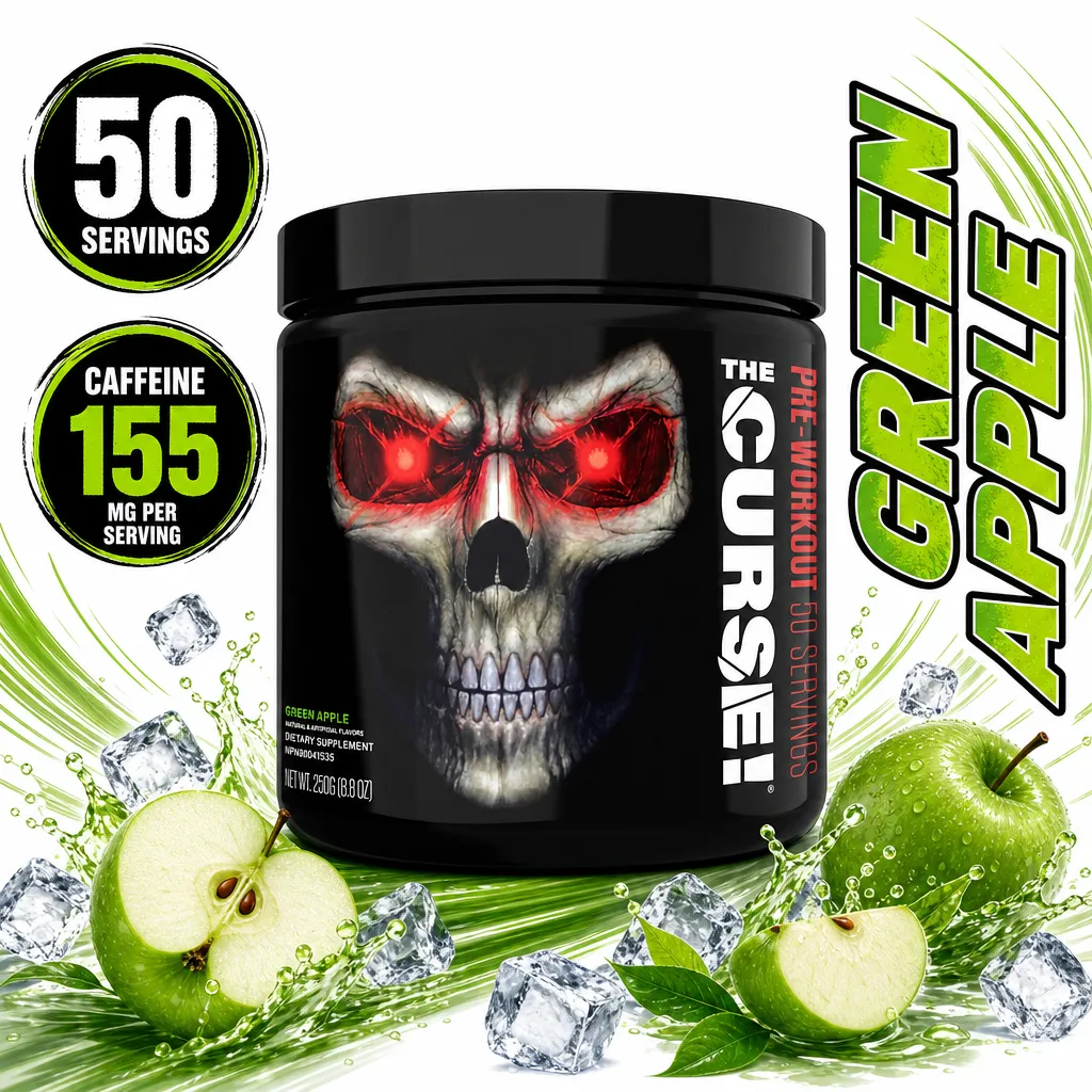 JNX Sports The Curse pre-workout supplement, Green Apple flavour, 50 servings in a black tub with 155 mg caffeine per serving