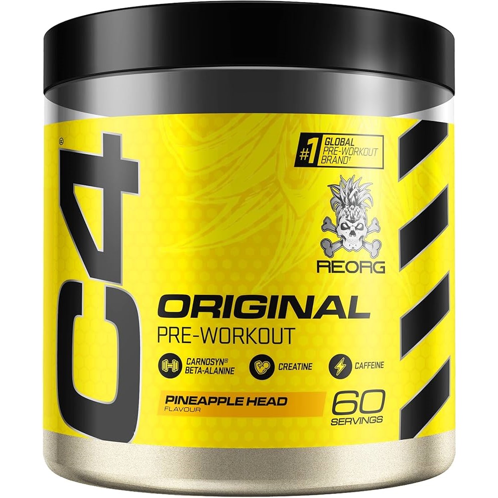 Cellucor C4 Original Pre-Workout Pineapple Head flavour, 60 servings, yellow tub with black lid, featuring Carnosyn beta-alanine, creatine, and caffeine.