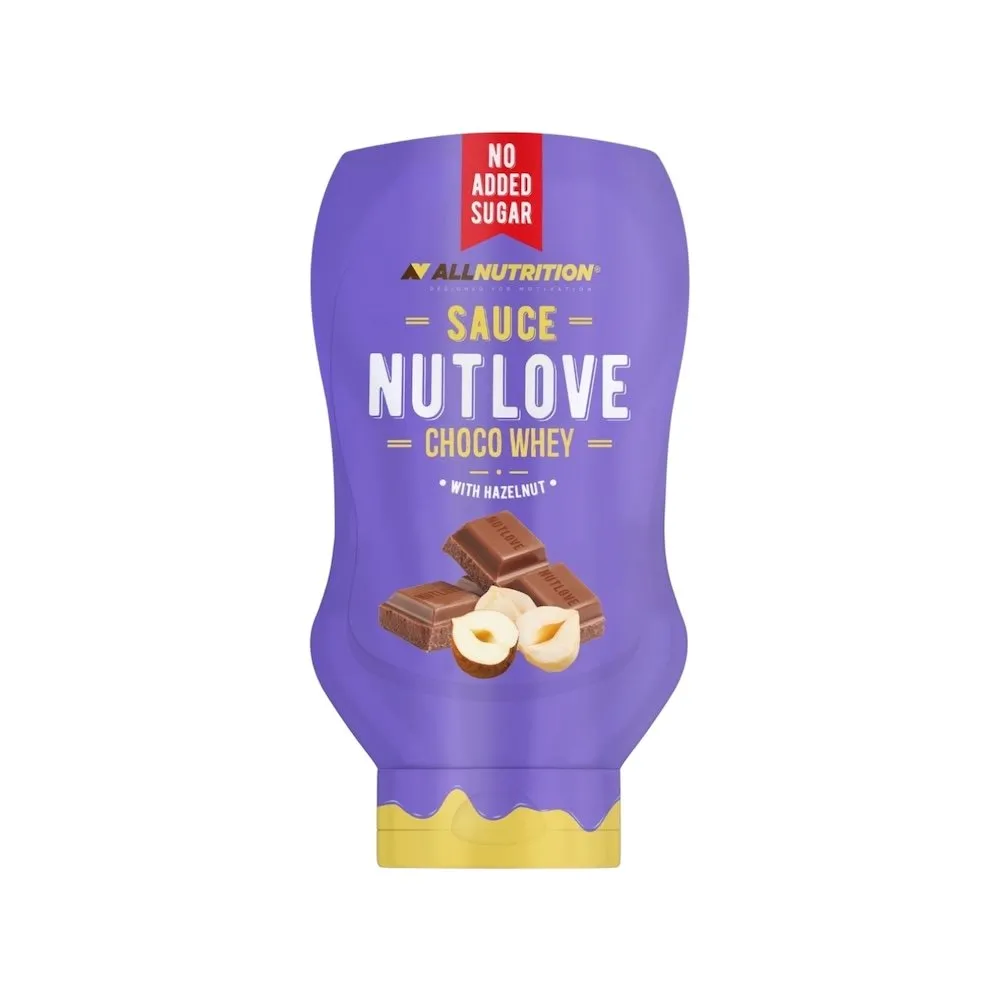 Allnutrition NUTLOVE Choco Whey sauce with hazelnut, a chocolate-flavoured dessert sauce in a 280 g squeeze pack.