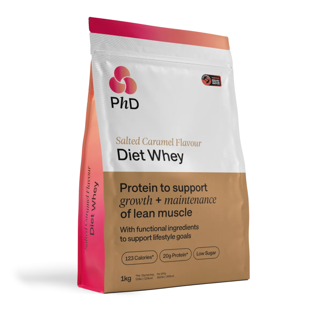 PhD Diet Whey salted caramel whey protein supplement in a 1kg pouch with 20g protein per serving