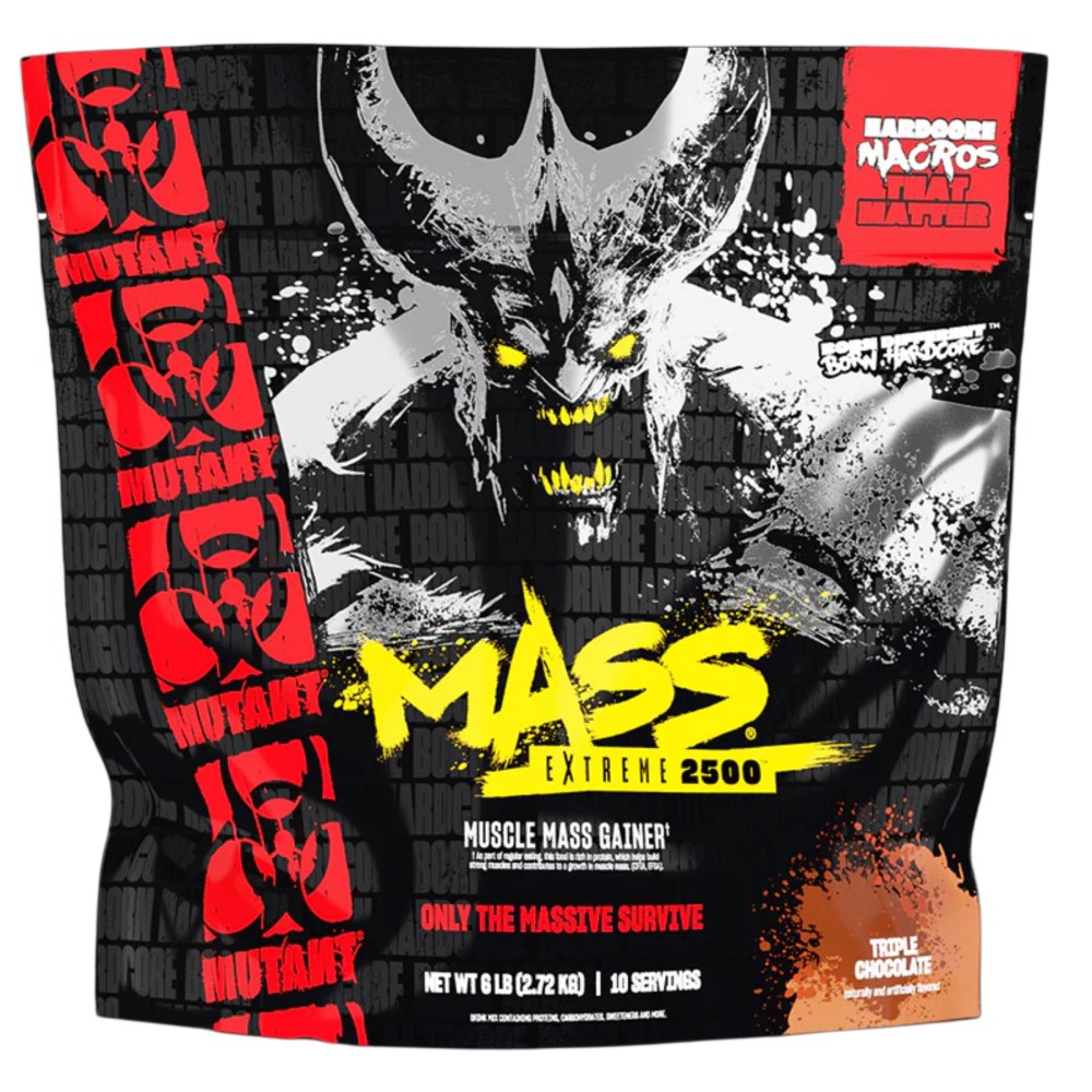 Mutant Mass Extreme 2500 2720g large black and red tub with bold Mutant branding and product details on label