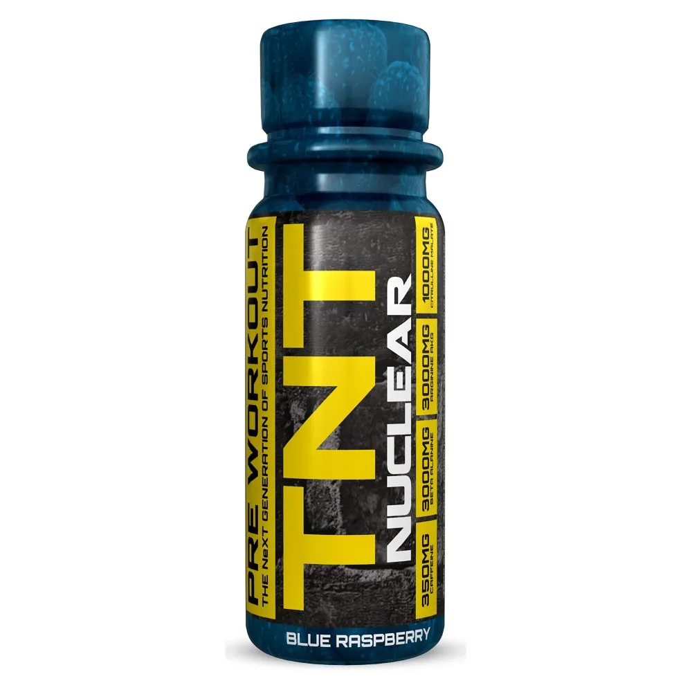 TNT Nuclear Pre Workout Blue Raspberry is a pre-workout supplement shot with a blue raspberry flavour, designed for sports nutrition and energy boost.