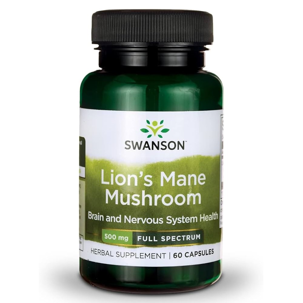 Swanson Lion's Mane Mushroom 500mg Full Spectrum supplement for brain and nervous system health, 60 capsules in a green bottle.