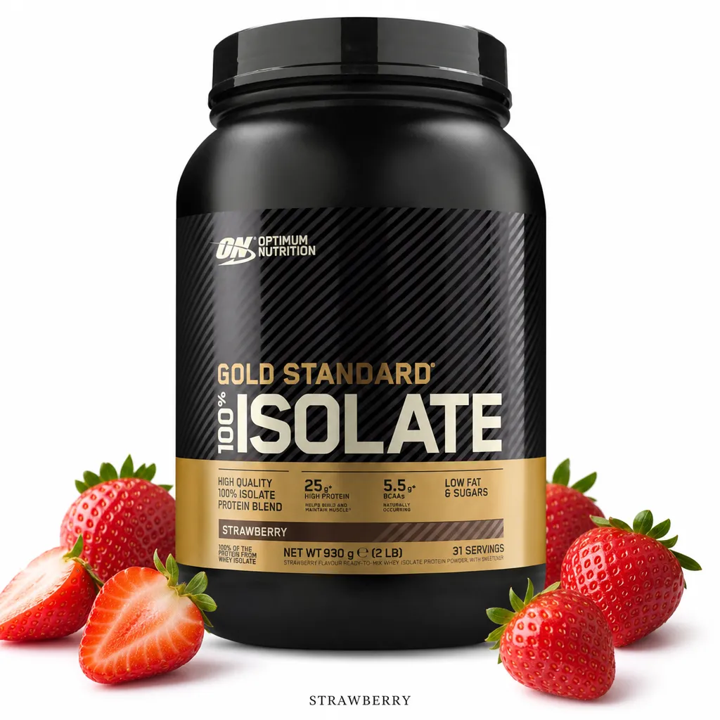 Optimum Nutrition Gold Standard 100% Isolate 930g strawberry flavor whey protein powder, featuring high protein content, low fat and sugar, in a black and gold container.