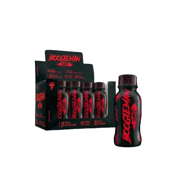 Trec Nutrition Boogieman Fuel Shot 100ml x12 Bubblegum is a pre-workout supplement pack featuring 12 black and red ready-to-drink shots for energy and focus.