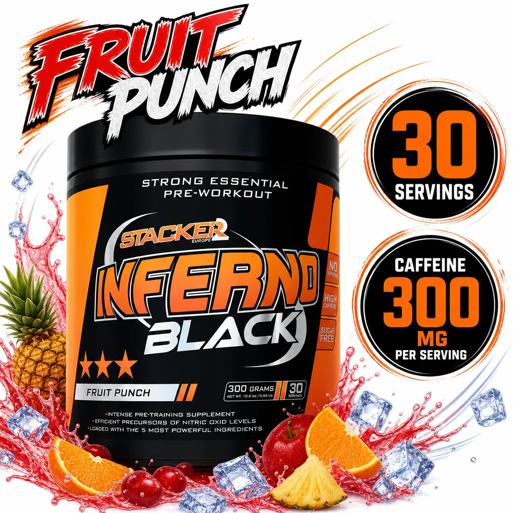Stacker2 Inferno Black Fruit Punch pre-workout supplement, 300g tub with 30 servings and 300mg caffeine per serving