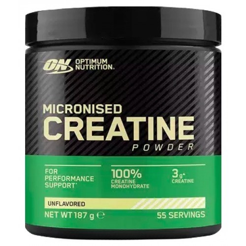 Optimum Nutrition Micronised Creatine Powder 187g unflavored creatine monohydrate supplement, black and green tub, 55 servings.