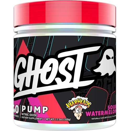Ghost Pump Warheads Sour Watermelon is a stimulant-free nitric oxide dietary supplement with 40 servings, featuring a Warheads sour watermelon flavor, in a black and red tub.
