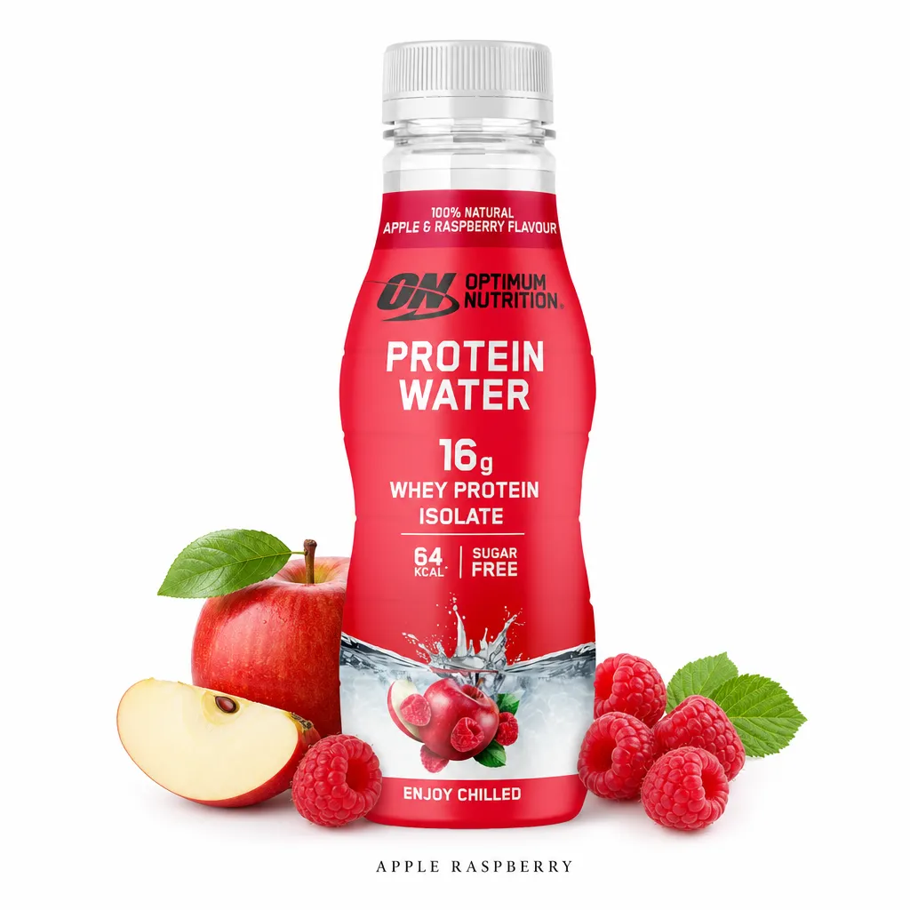 Optimum Nutrition Protein Water Apple Raspberry 350ml features 16g whey protein isolate, 64 kcal, and is sugar free, in a ready-to-drink bottle with fruit imagery.