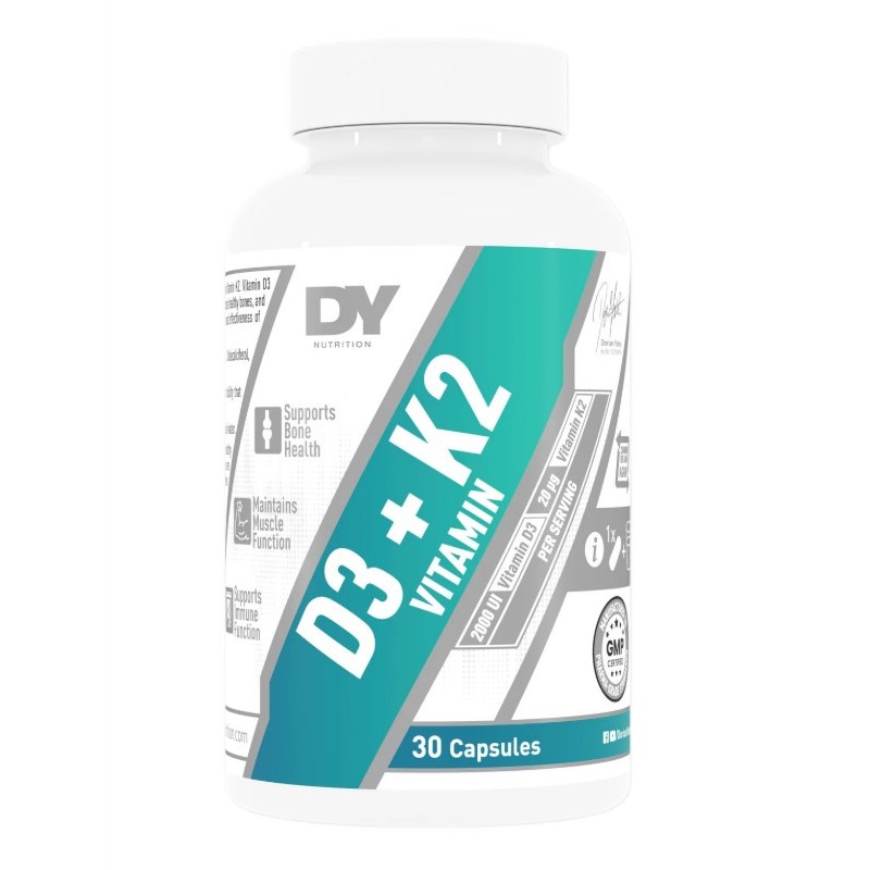 DY Nutrition D3 + K2 Vitamin supplement, 30 capsules, supports bone health and immune function, white bottle with teal and grey label.