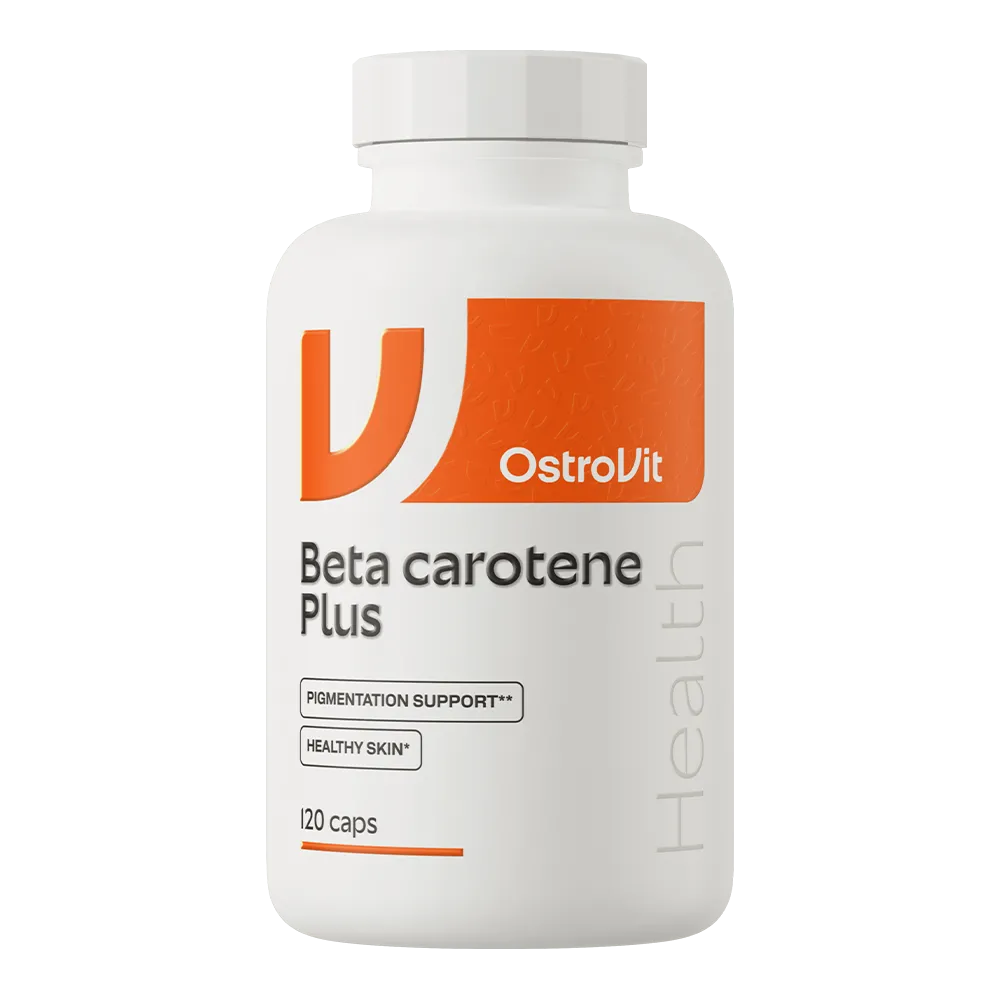 OstroVit Beta Carotene Ultra dietary supplement in capsule form, 120 capsules, with a white bottle and orange label