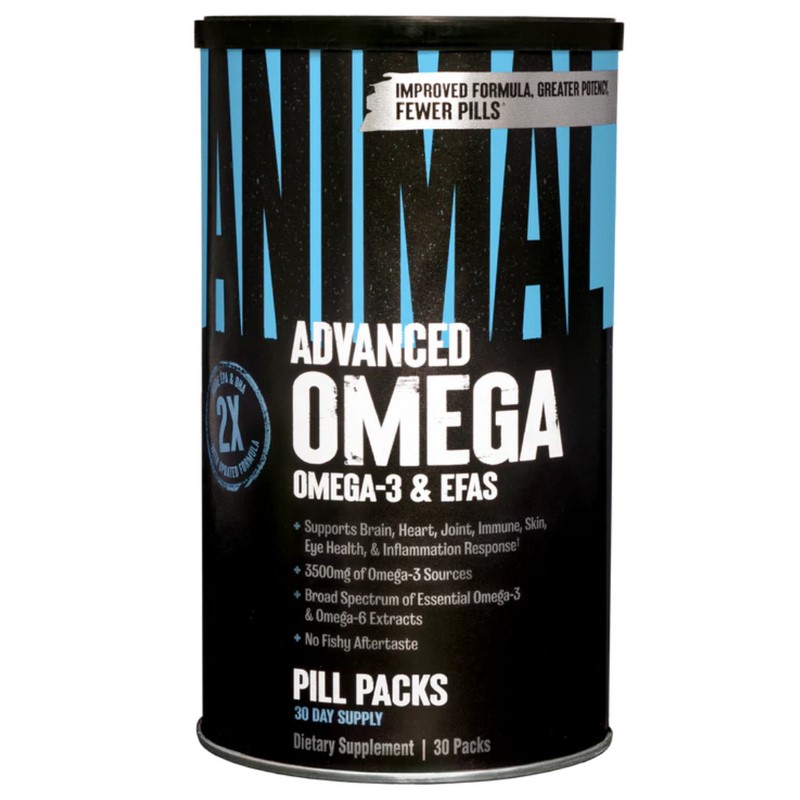 Universal Nutrition Animal Advanced Omega omega-3 and EFAs supplement, 30 packs, supports brain, heart, joint, immune, and skin health, black and blue container.