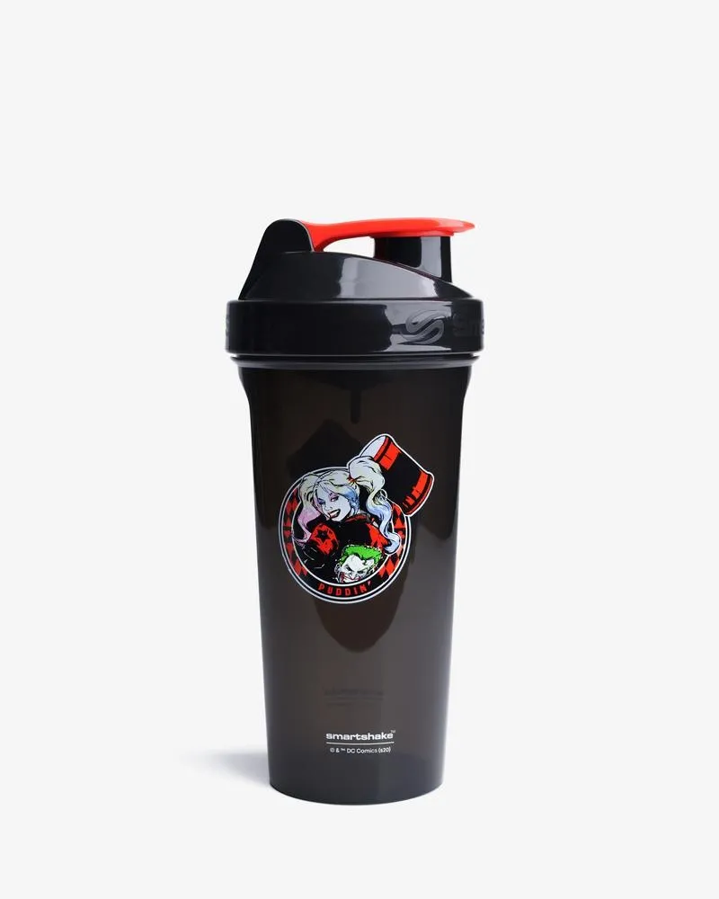 SmartShake Lite DC Comics Harley Quinn 800ml shaker bottle featuring exclusive Harley Quinn artwork, black body, and red flip cap, BPA-free and leak-proof.