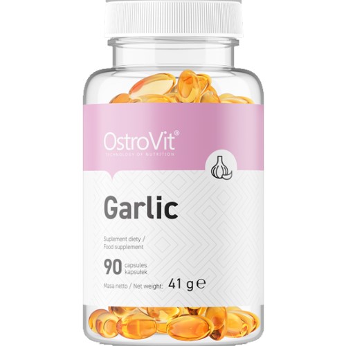 OstroVit Garlic 90 capsules dietary supplement with garlic extract, 41g net weight, in a clear bottle with yellow softgel capsules.