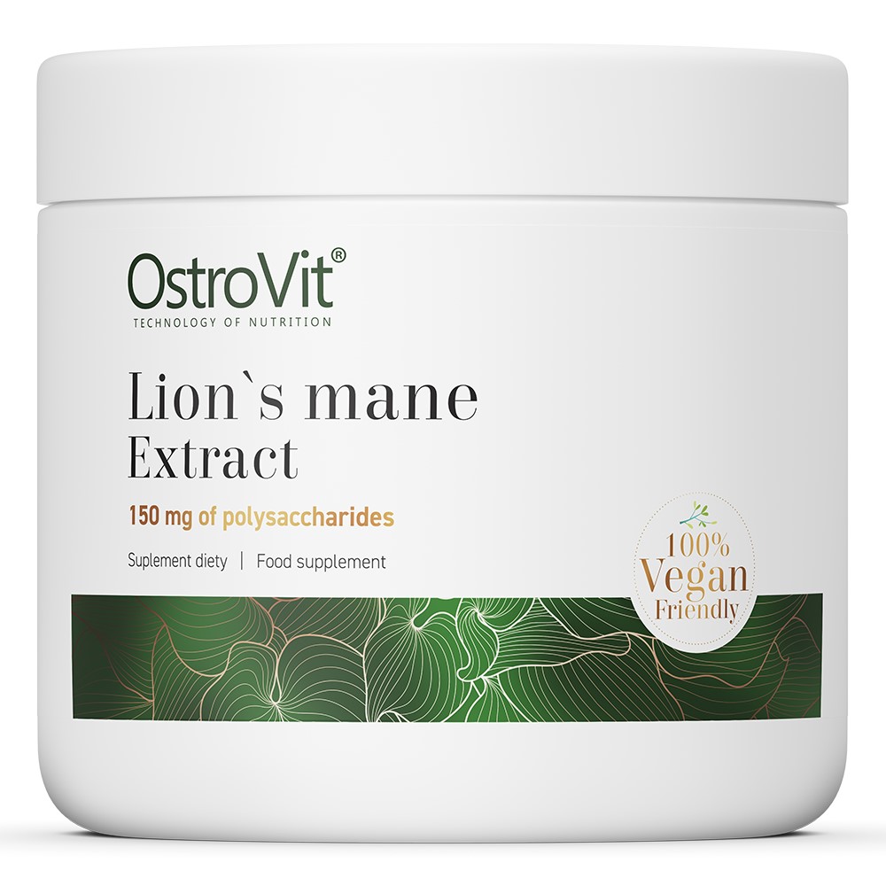OstroVit Lion's Mane Extract 50g vegan-friendly food supplement with 150 mg of polysaccharides, in a white container with green accents.