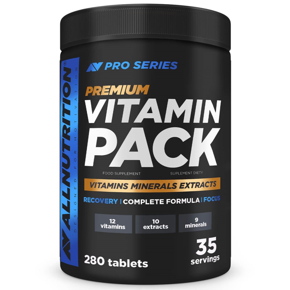 Allnutrition Premium Vitamin Pack from the Pro Series, a multivitamin and mineral supplement with 280 tablets, featuring 12 vitamins, 10 extracts, and 9 minerals in a black container.