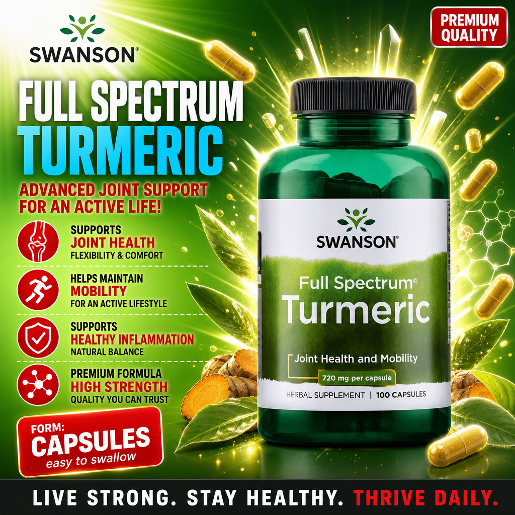 Swanson Full Spectrum Turmeric 720mg per capsule herbal supplement, 100 capsules, for joint health and mobility, in a green bottle with capsule form.