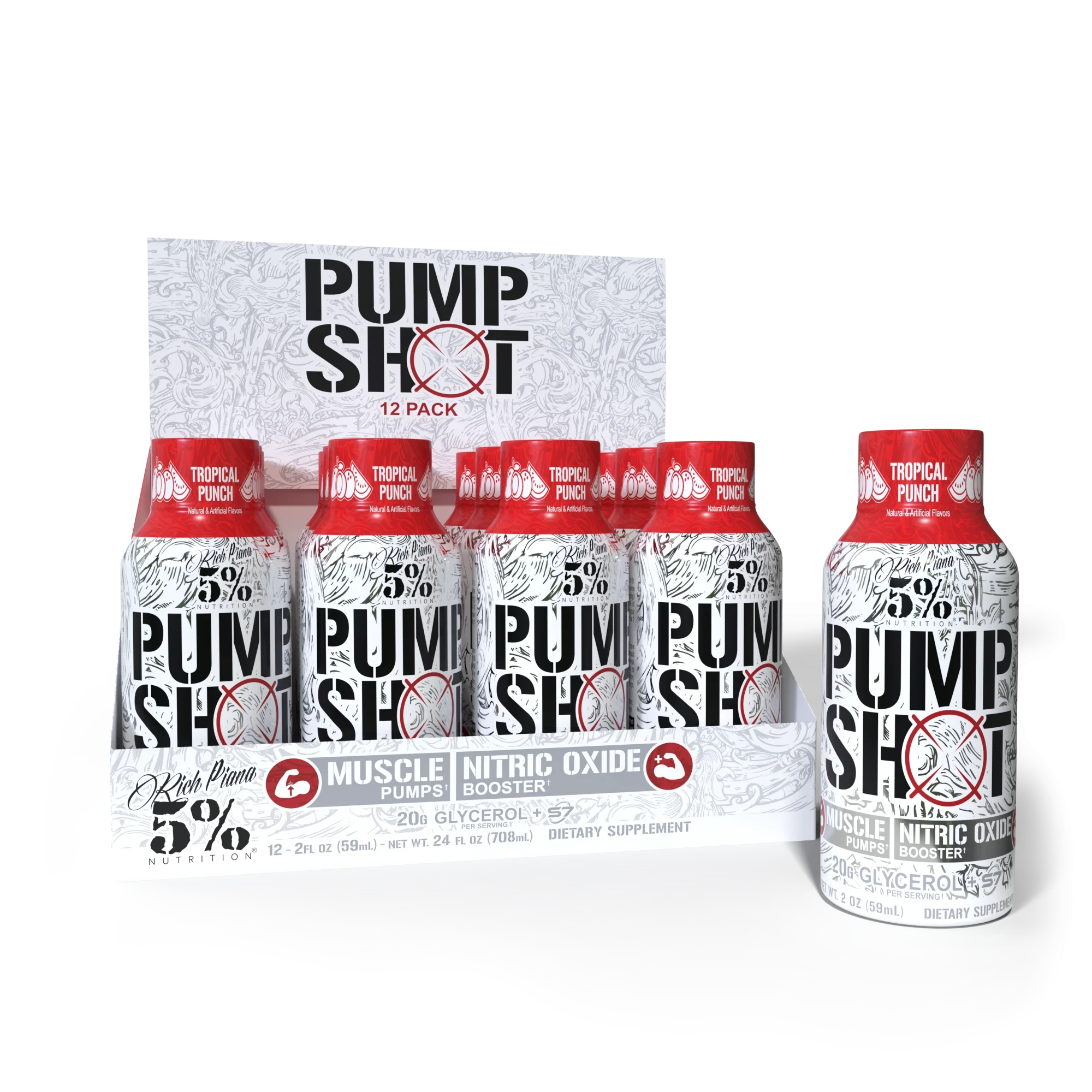 5% Nutrition Pump Shot 59ml x12 pre-workout supplement, Tropical Punch flavour, stimulant-free muscle pump and nitric oxide booster in ready-to-drink shots.