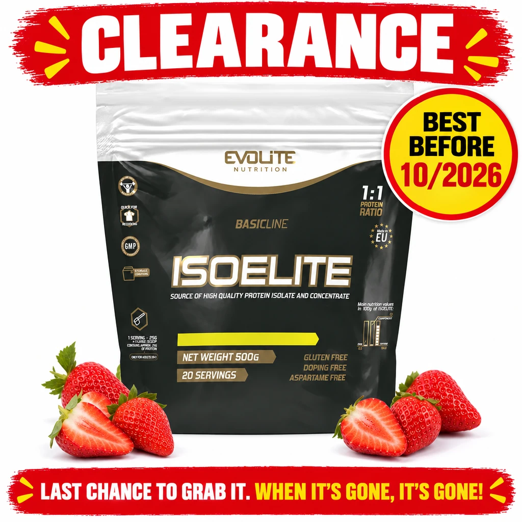Evolite IsoElite Strawberry protein powder, 500 g pouch of whey isolate and concentrate with strawberry flavour.