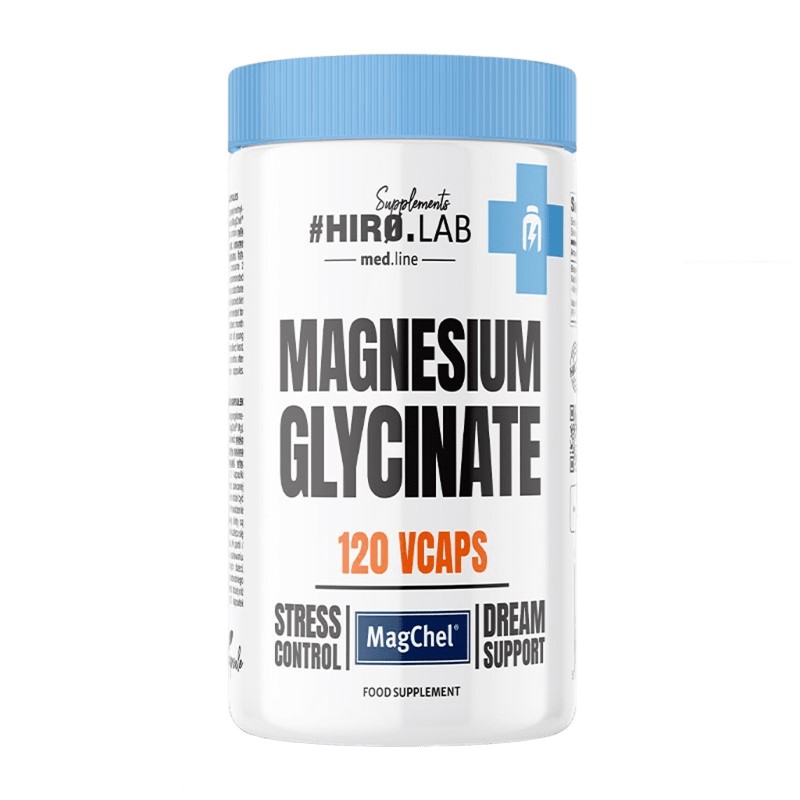Hiro Lab Magnesium Glycinate 120 Vcaps, a magnesium glycinate food supplement for stress control and dream support, in a white bottle with blue lid.
