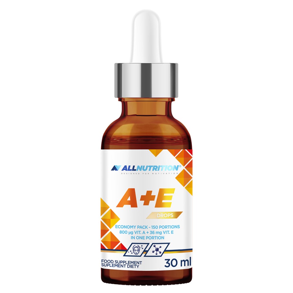 Allnutrition A+E Drops 30ml vitamin A and E food supplement in liquid drop form, brown glass bottle with white and orange label.